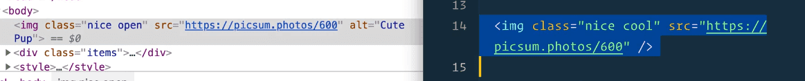rendered html showing image with an alt tag of cute pup