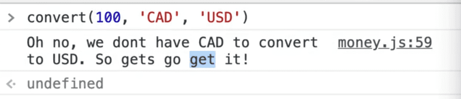 browser console output showing no conversion available log