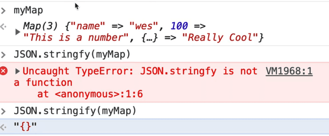 browser console output showing stringified map instance causing error. Awaiting on JSON 5 :)