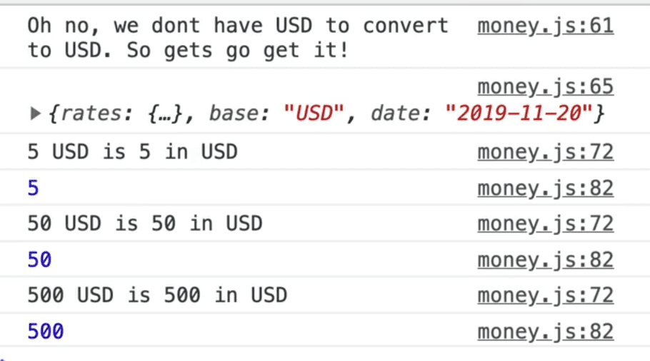 browser console showing raw amount values of the rates data