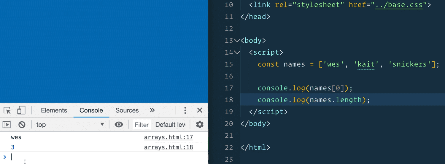 browser console output showing names lenght using .length() method