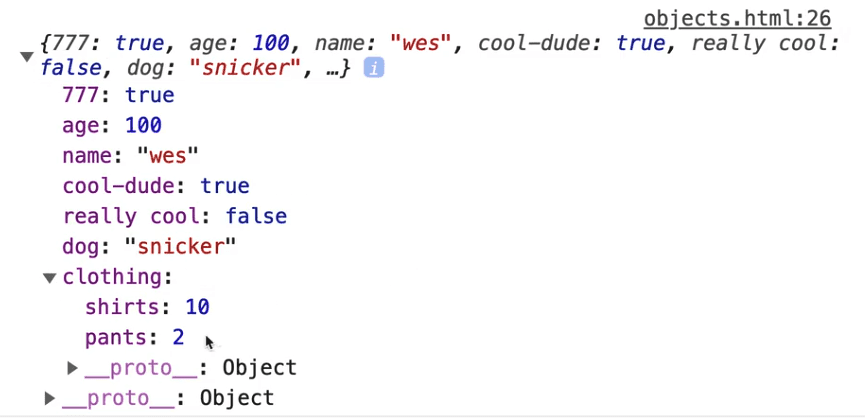 browser console output person object showing nested attributes