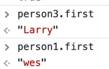 browser console output showing person3.first and person1.first attributes