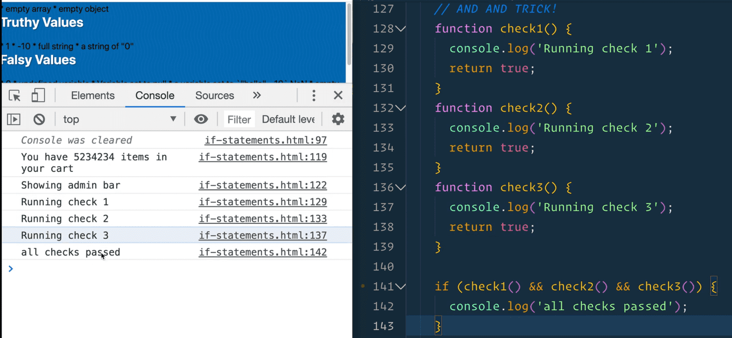 browser console showing output from various check functions