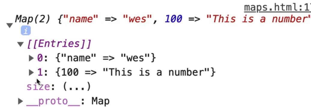 browser console output showing new map entry using .set() method