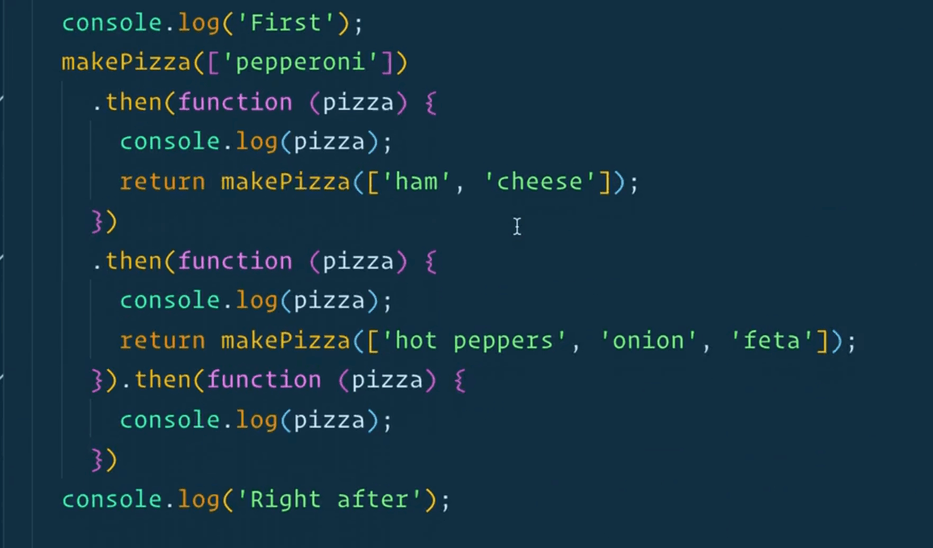 sequence of resolved promise is ham and cheese logged to the console faster than the pizza with 3 toppings
