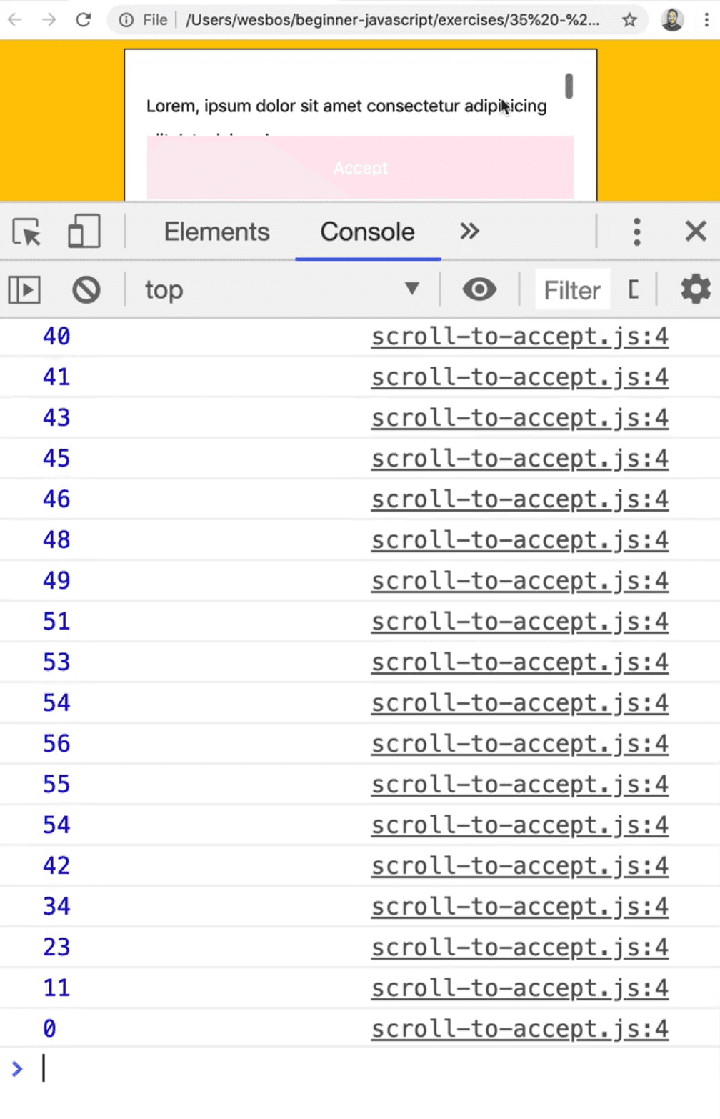 console showing logs of event.currentTarget.scrollTop values
