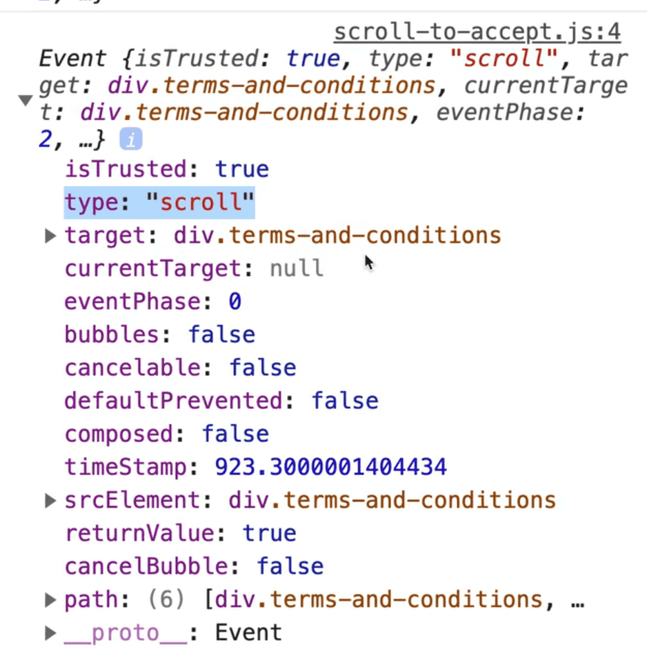console showing logged Event object