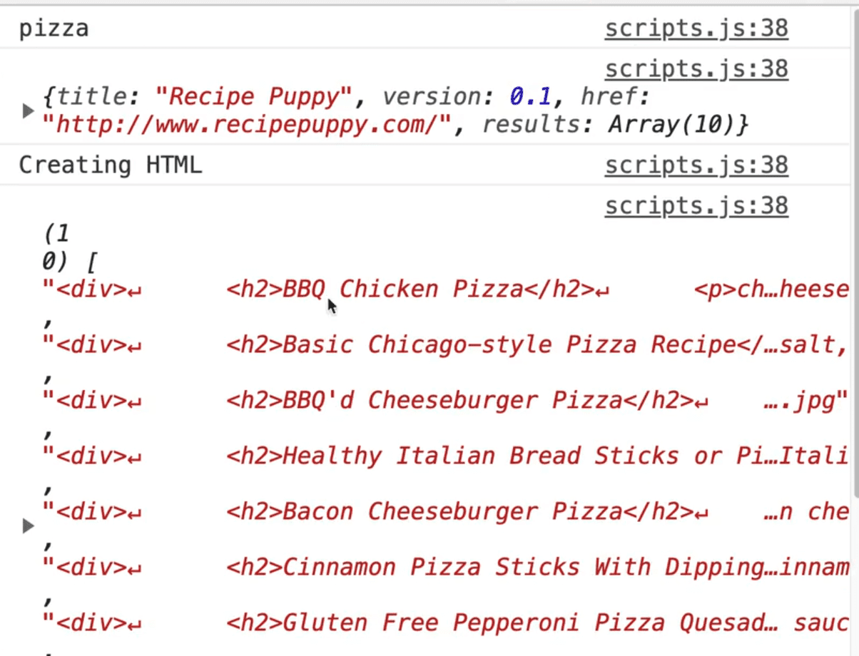 browser console showing multiple recipe html outputs