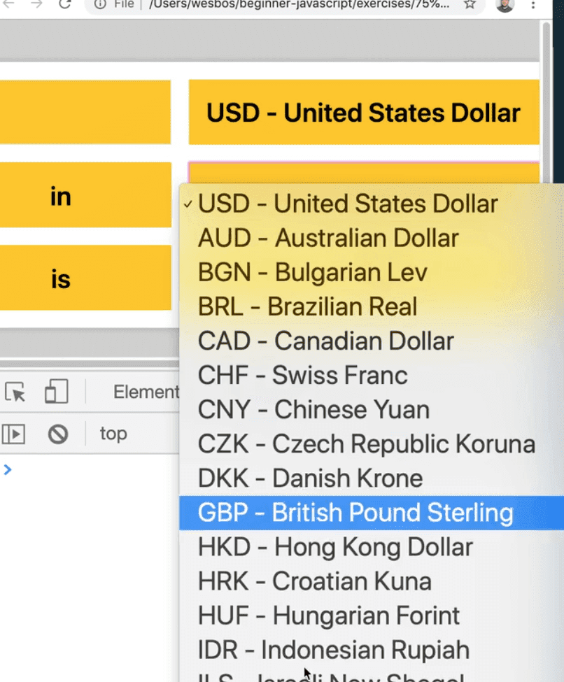 rendered page showing currency selection dropdown