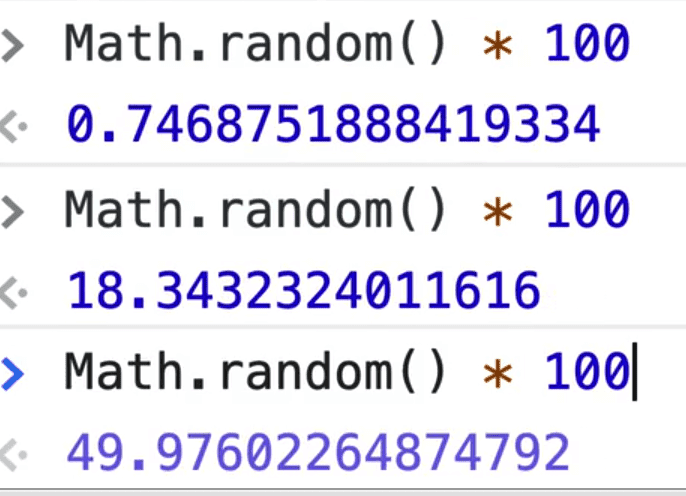 console showing Math.random() outputs multiplied by 100