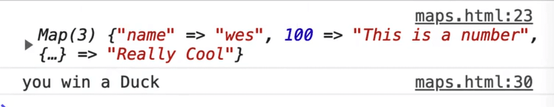 browser console output showing console.log() of winning prize