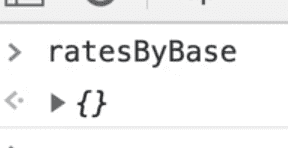 browser console showing empty ratesByBase object