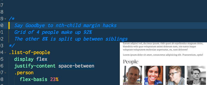 🔥 Use flexbox space-between to get rid of nth/first/last-child margin hacks when working with column gutters.
