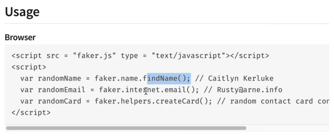 import faker and call different methods to generate things like fake names and emails