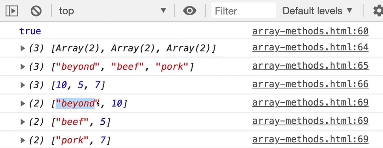 browser console showing array entries using forEach