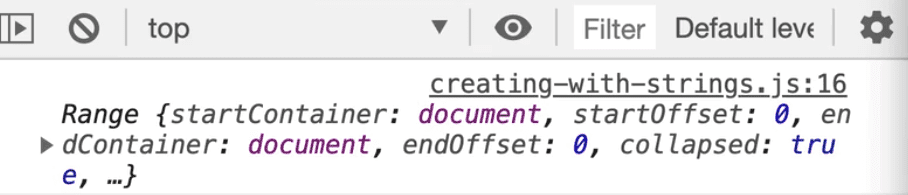browser console showing logged out fragment created using .createRange