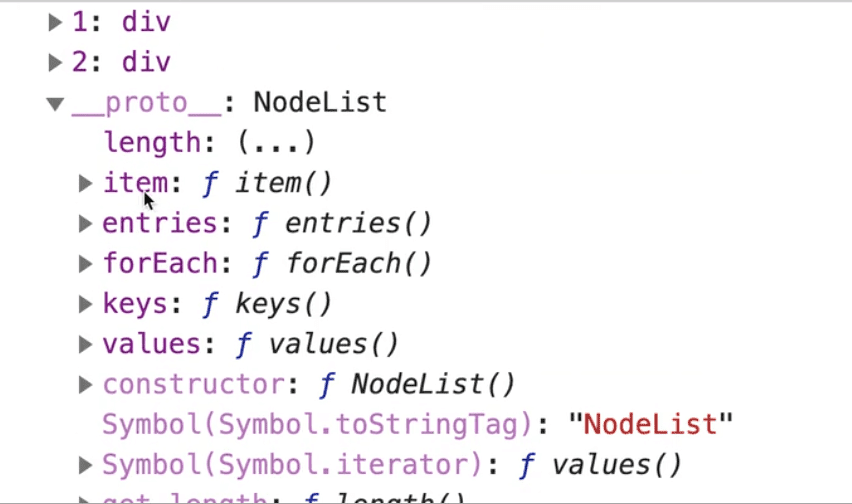 console showing NodeList proto object properties and methods