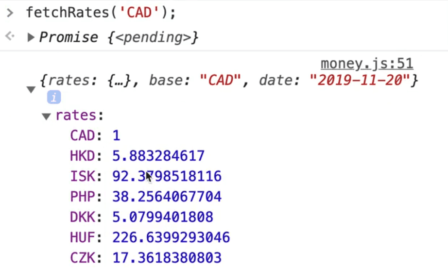 browser console showing output from fetchRates endpoint using CAD