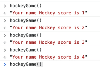 console showing logs with gameName as Hockey and score ranging from 1 to 4