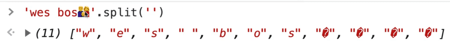 browser console showing string with emoji ran with .split() method