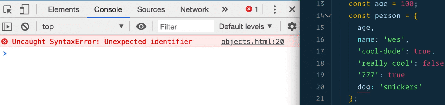 browser console output showing syntax error when you forget trailing comma