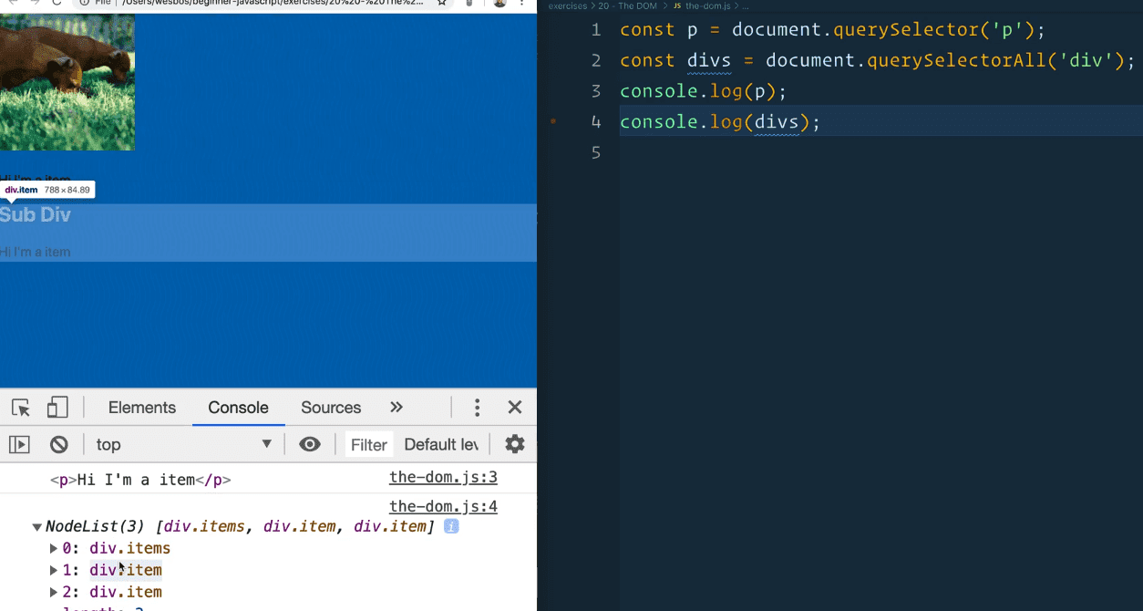 broswer console showing an expanded nodeList from querySelectorAll query when hovering over result in browser console