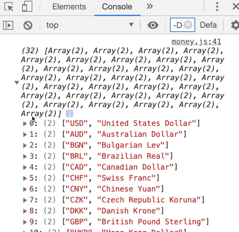 browser console showing currency array output 