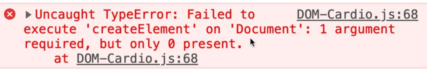 browser console showing error: Uncaught TypeError: Failed to execute 'createElement' on 'Document'