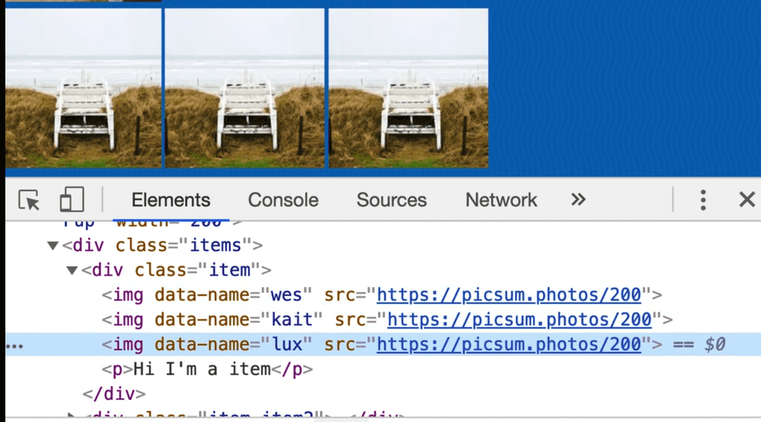 rendered html showing data-name attributes on img elements