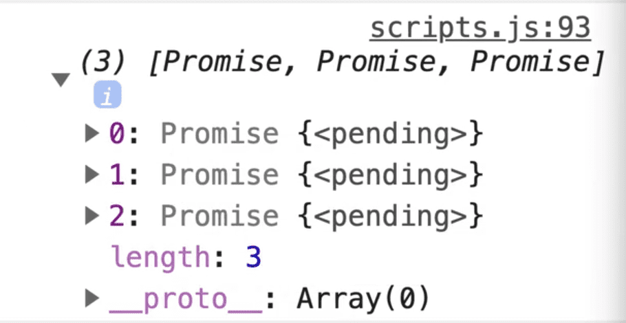 array of 3 pending promises, which needs to be answered yet