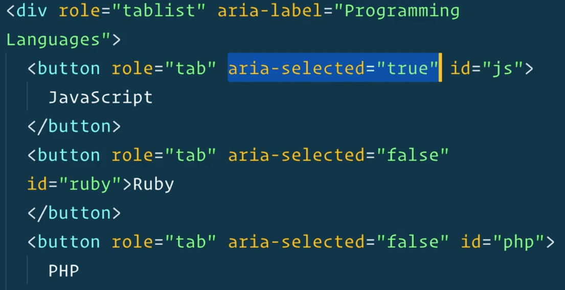 editor showing aria-selected set to true highlighted