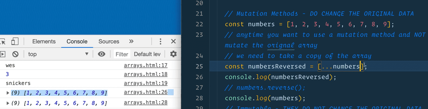 browser console output showing numbersReversed array is a copy of numbers array using spread operator