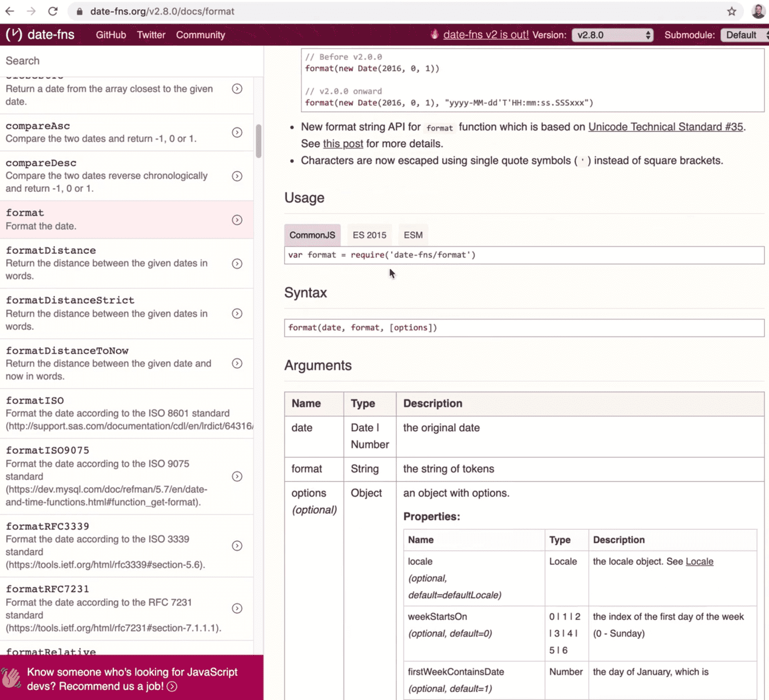 formatting the current date with the help of date-fns docs