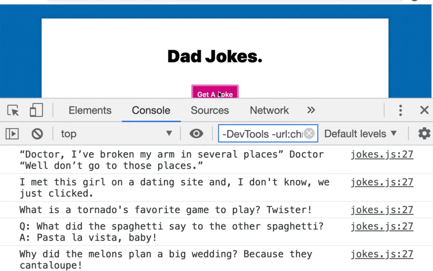 browser console showing various responses from api endpoint