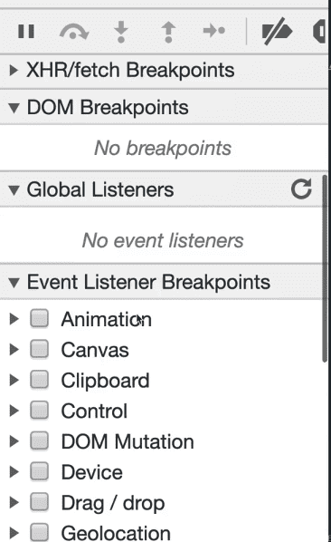 other features in source tab includes dom breakpoints, global listeners, event listener breakpoints