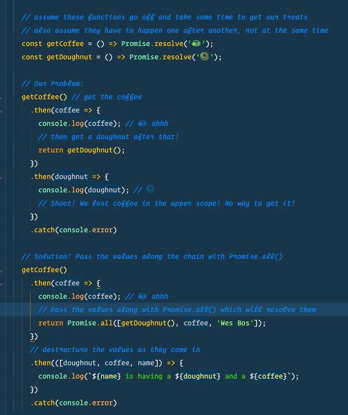 🔥 Pass values along your promise chain by resolving them with Promise.all()
