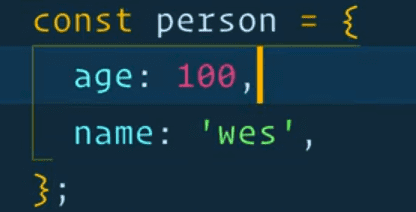 code snippet of object person with name of 'wes' and age of 100