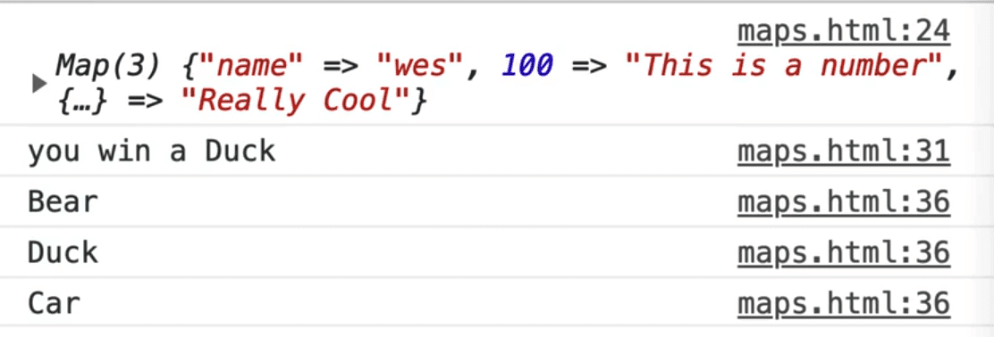 browser console output showing prizes Map instance iterited through using forEach method