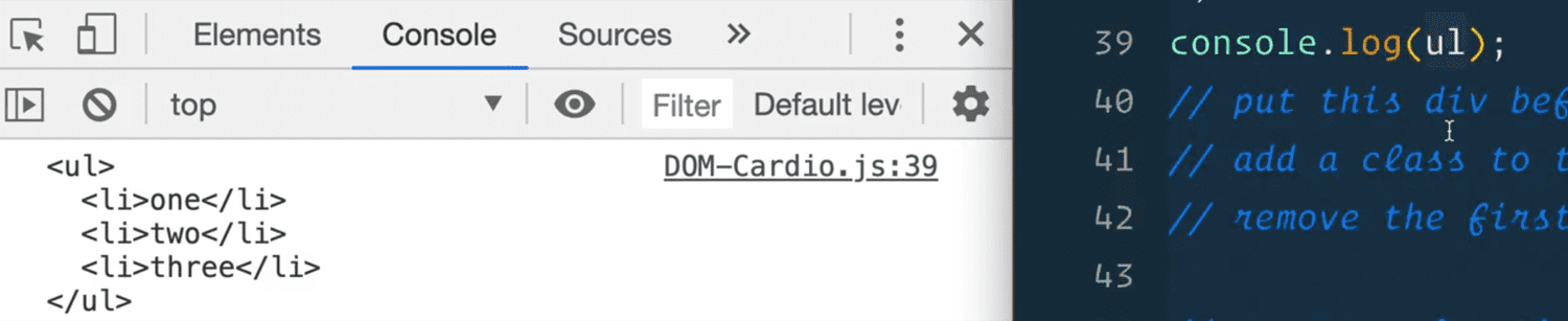 browser console showing output of ul tag as string