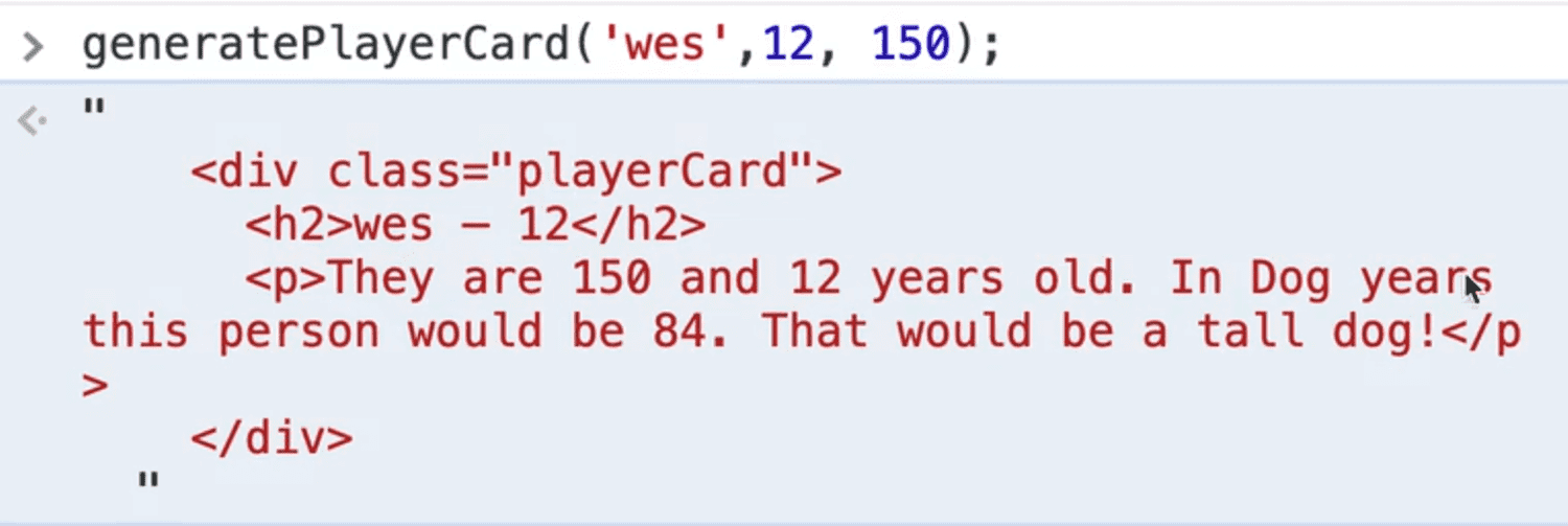browser console showing string output for generatePlayerCard function