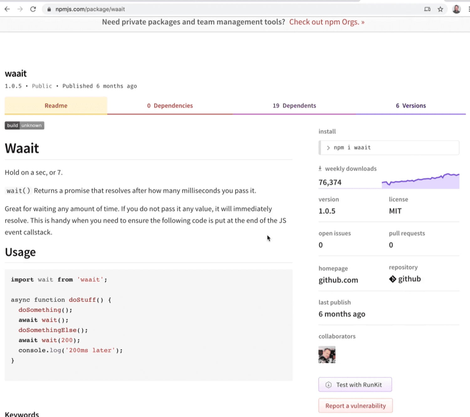 npm package waait