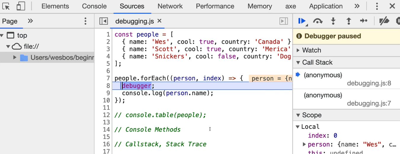 debugger in source tab to debug the code