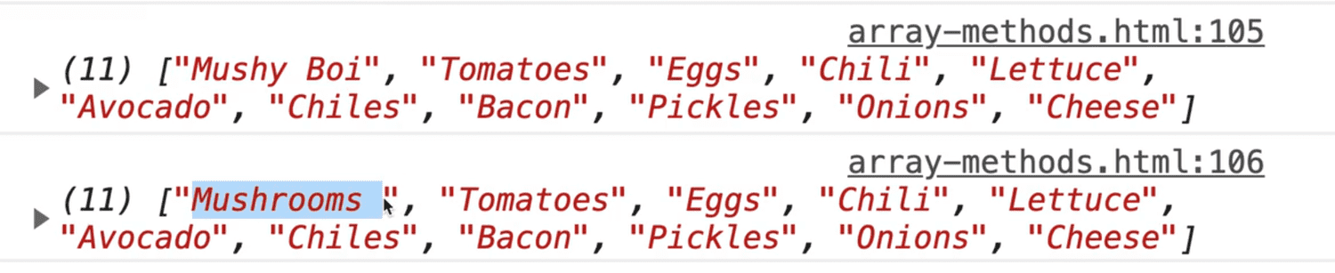 browser console showing toppingsCopy is a true copy with unmutated first element