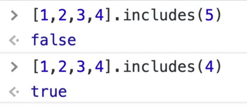 browser console showing Array.includes() method example