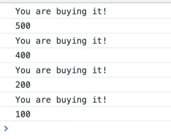 browser console output showing button price values as a string