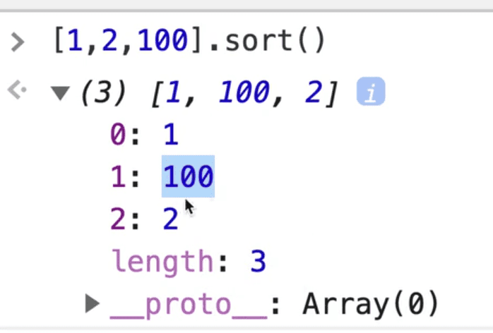 browser console showing number array sorted as strings