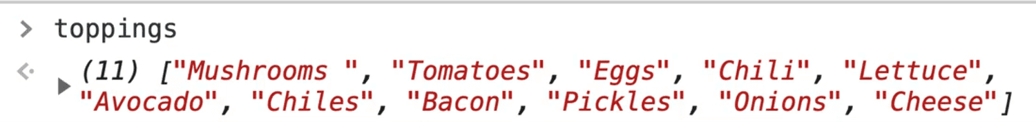 browser console showing toppings array