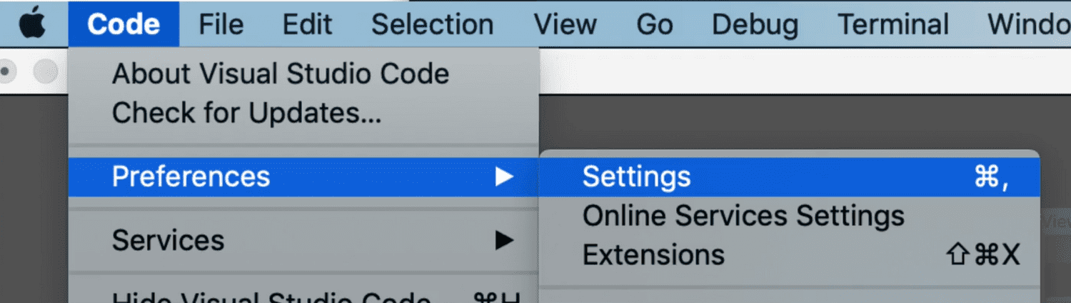 vs code in MacOS showing the settings menu item
