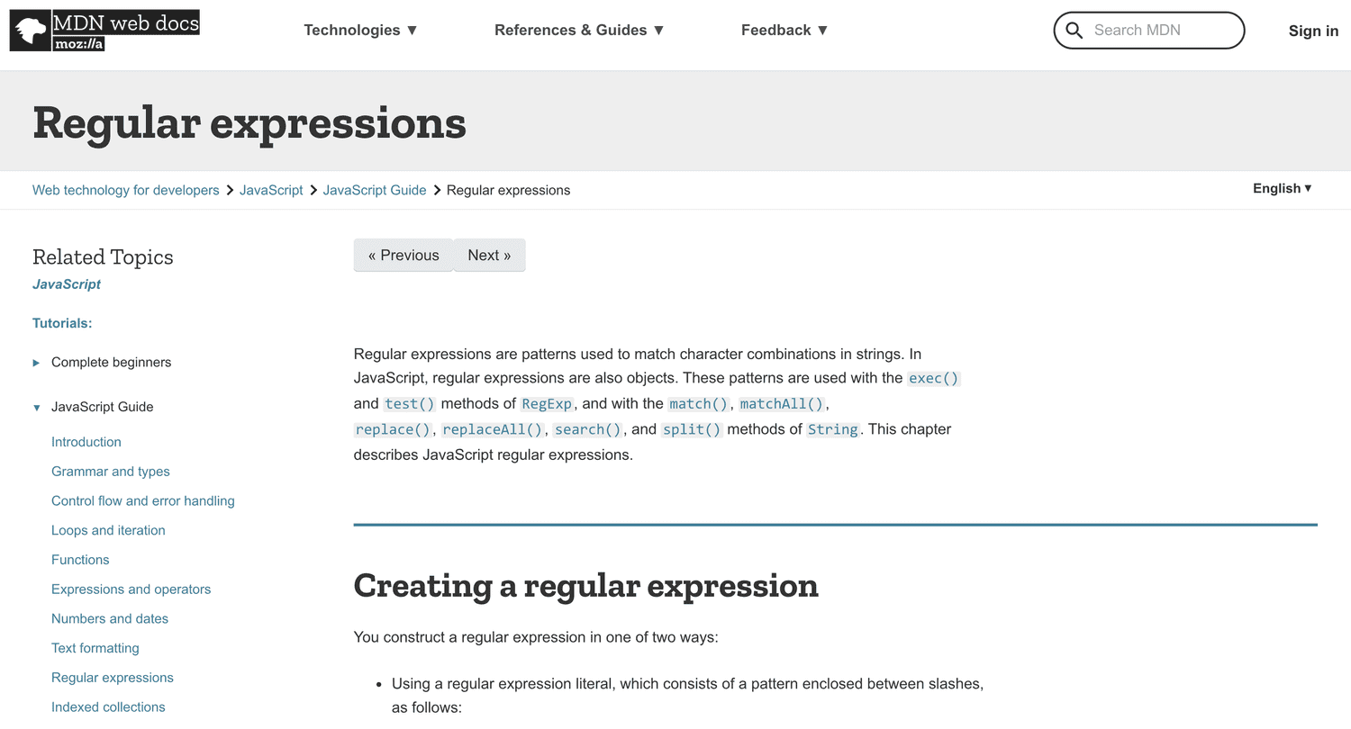 mozilla developers docs for regular expressions
